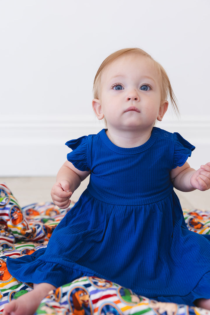 Navy Ribbed Ruffled Twirl Bodysuit Dress