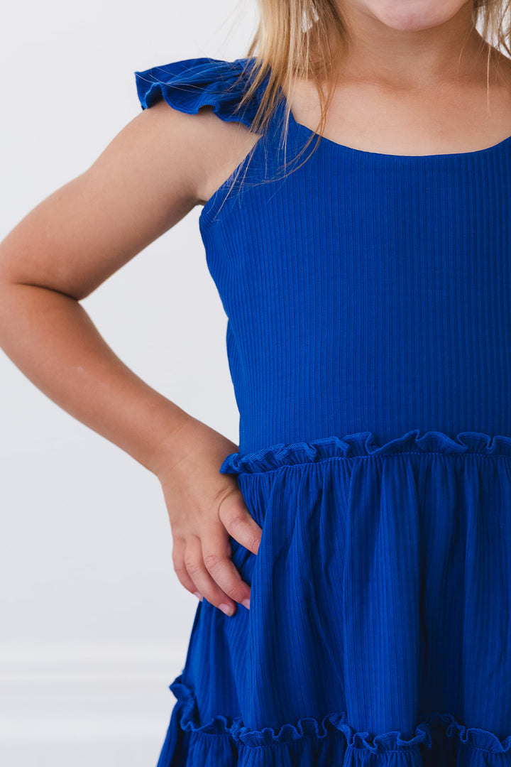Navy Ribbed Flutter Dress & Shorts