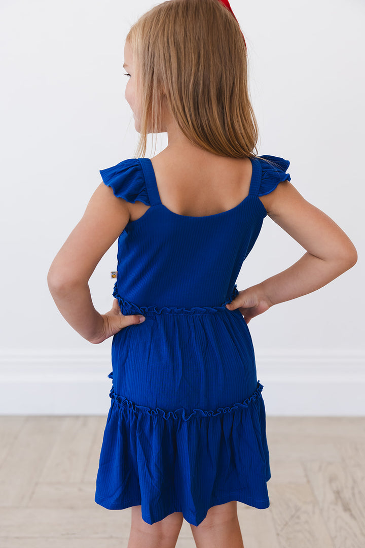 Navy Ribbed Flutter Dress & Shorts