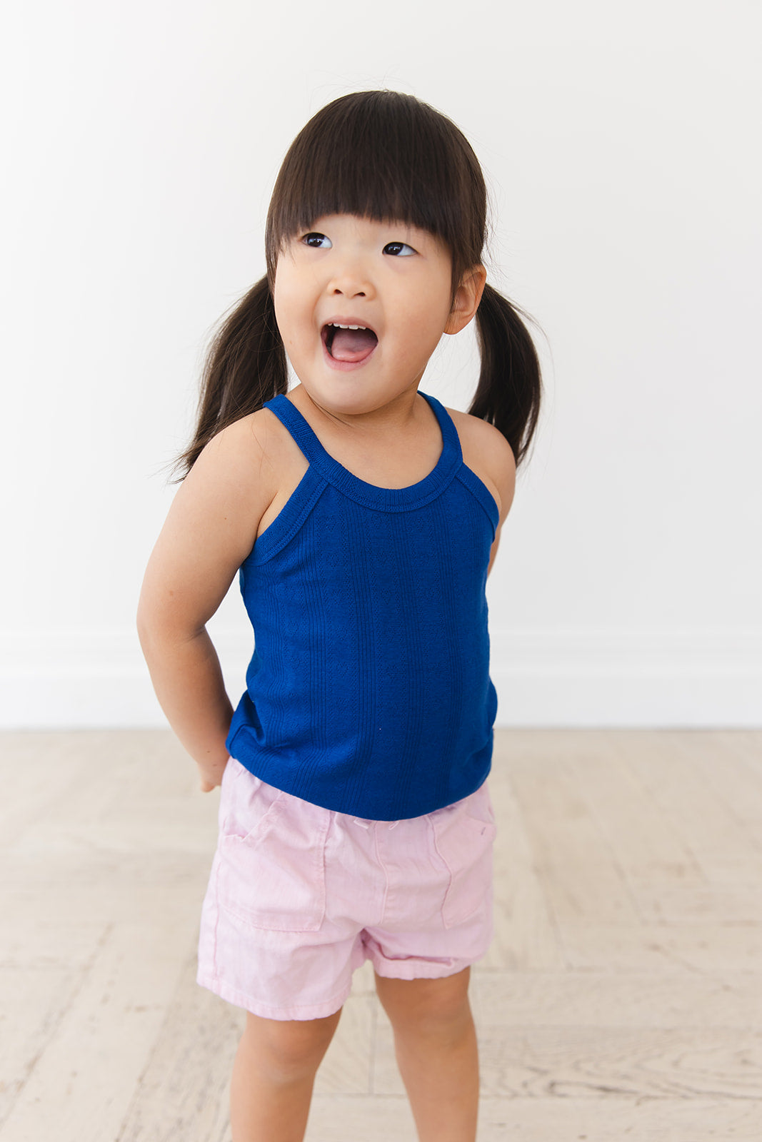 Navy Pointelle Halter Tank Top