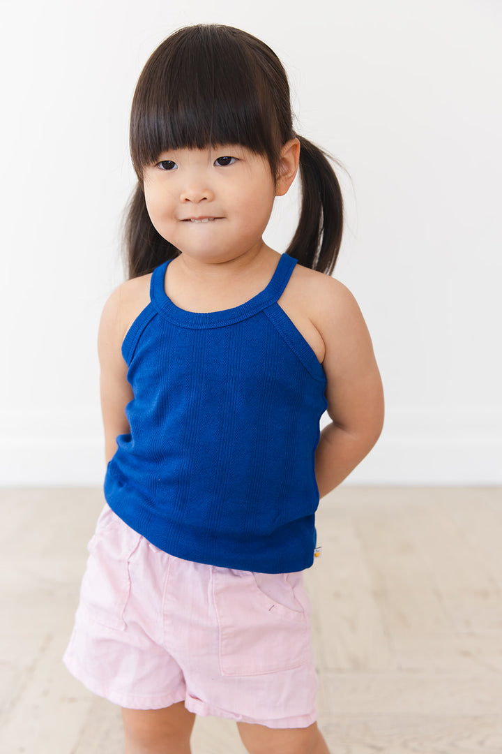 Navy Pointelle Halter Tank Top