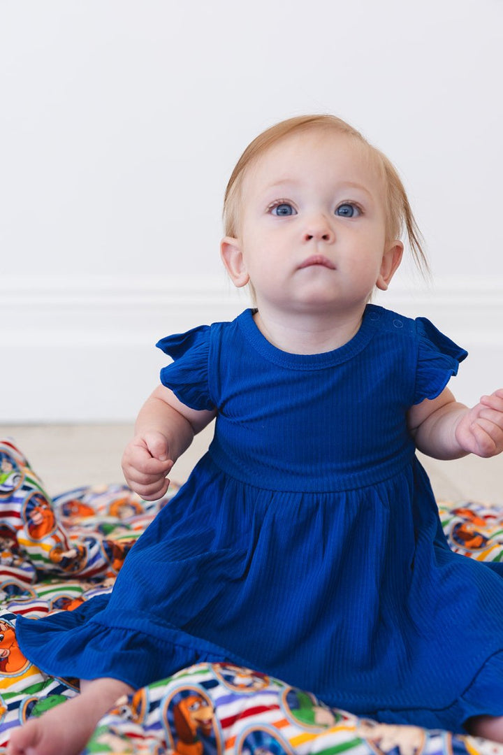 Navy Ribbed Ruffled Twirl Bodysuit Dress - scoots