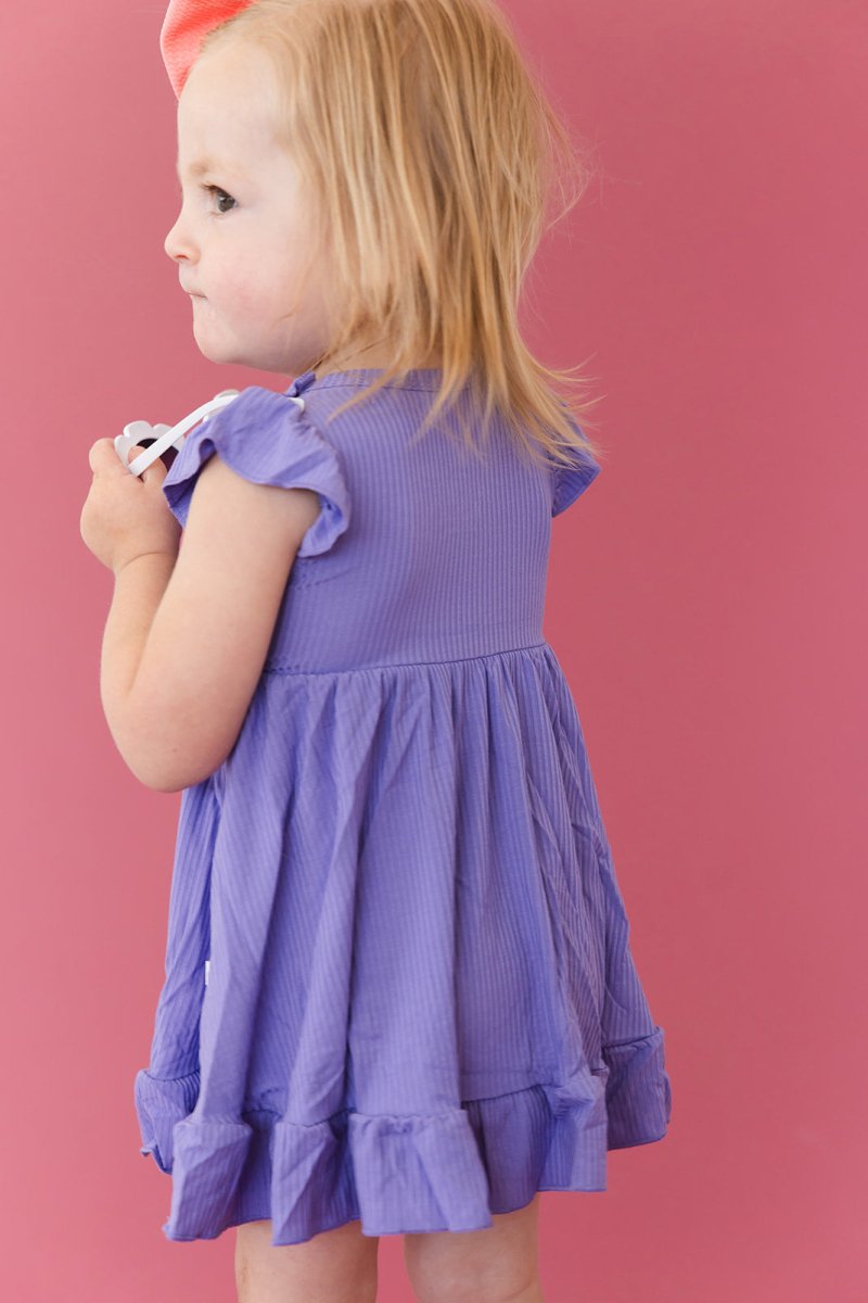 Periwinkle Ribbed Ruffled Twirl Bodysuit Dress - scoots