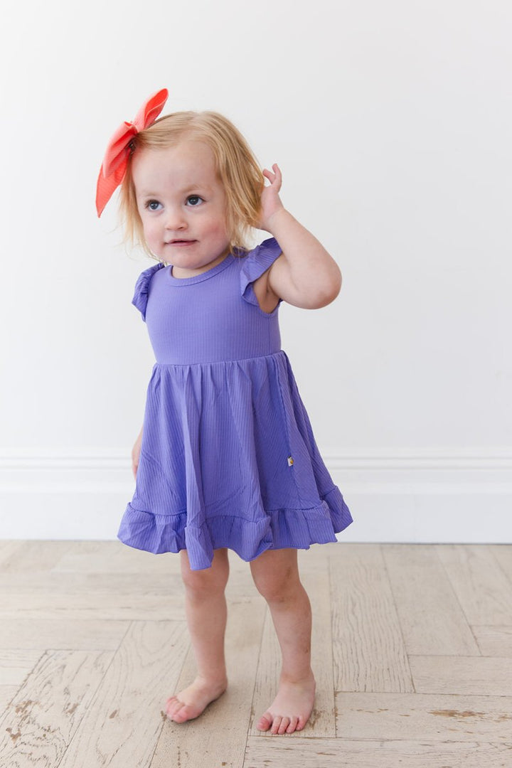 Periwinkle Ribbed Ruffled Twirl Bodysuit Dress - scoots